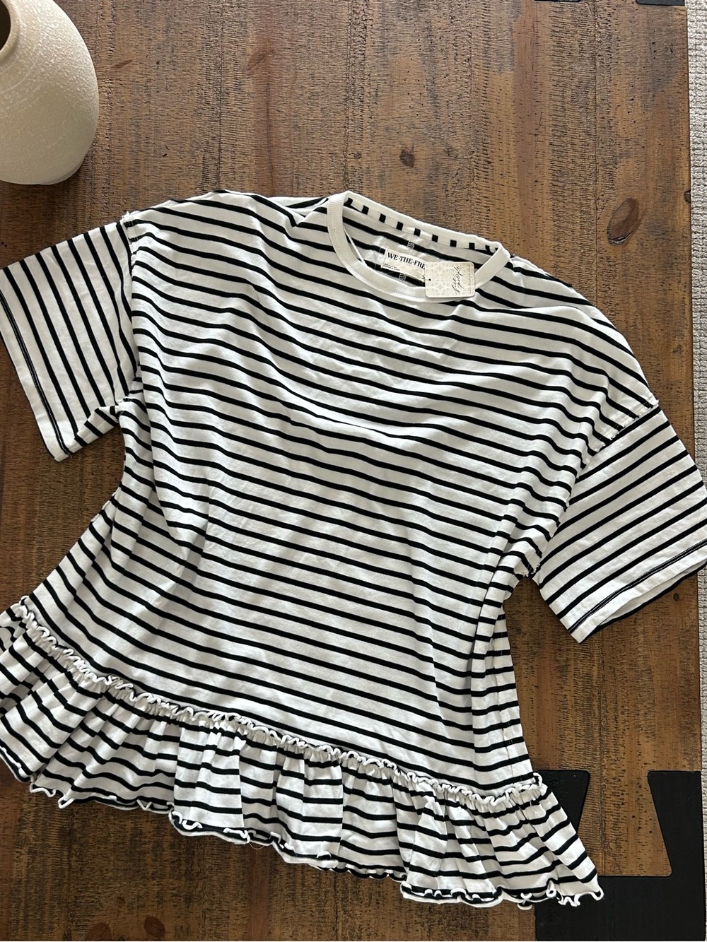 We The Free Black and White Striped Ruffle-Hem Tee
